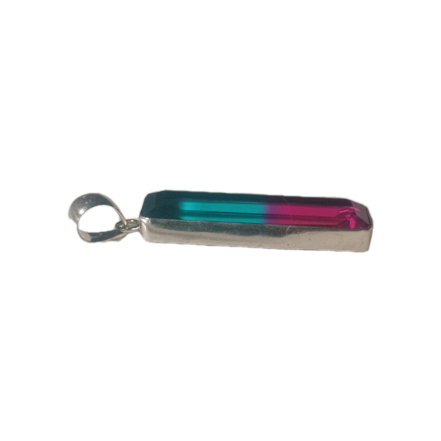 Pendant Tourmaline Bi-Color Gemstone set in Silver Plated Rectangular Shape
