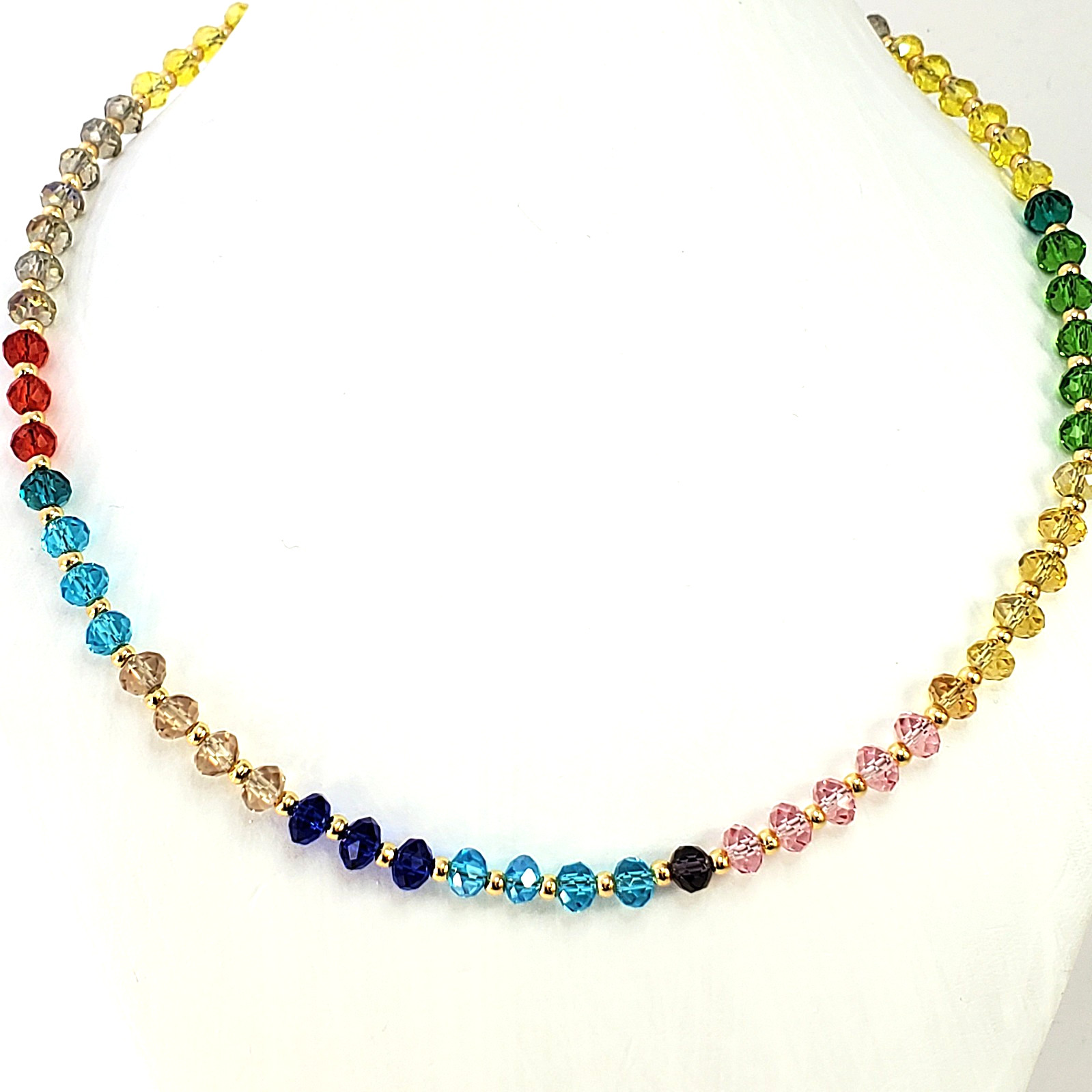 Multicolor Faceted Rondelle Glass Bead Necklace Gold Tone 17.5″ to 19″