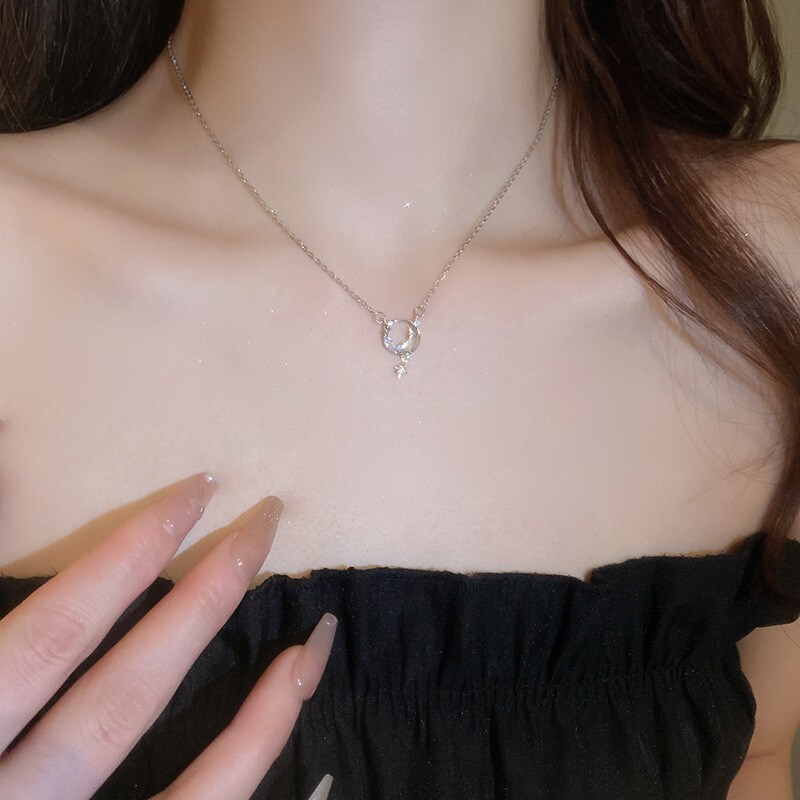Pearl Color Moon Stone Cubic Zirconia Star Necklace Silver Chain Necklace 3483