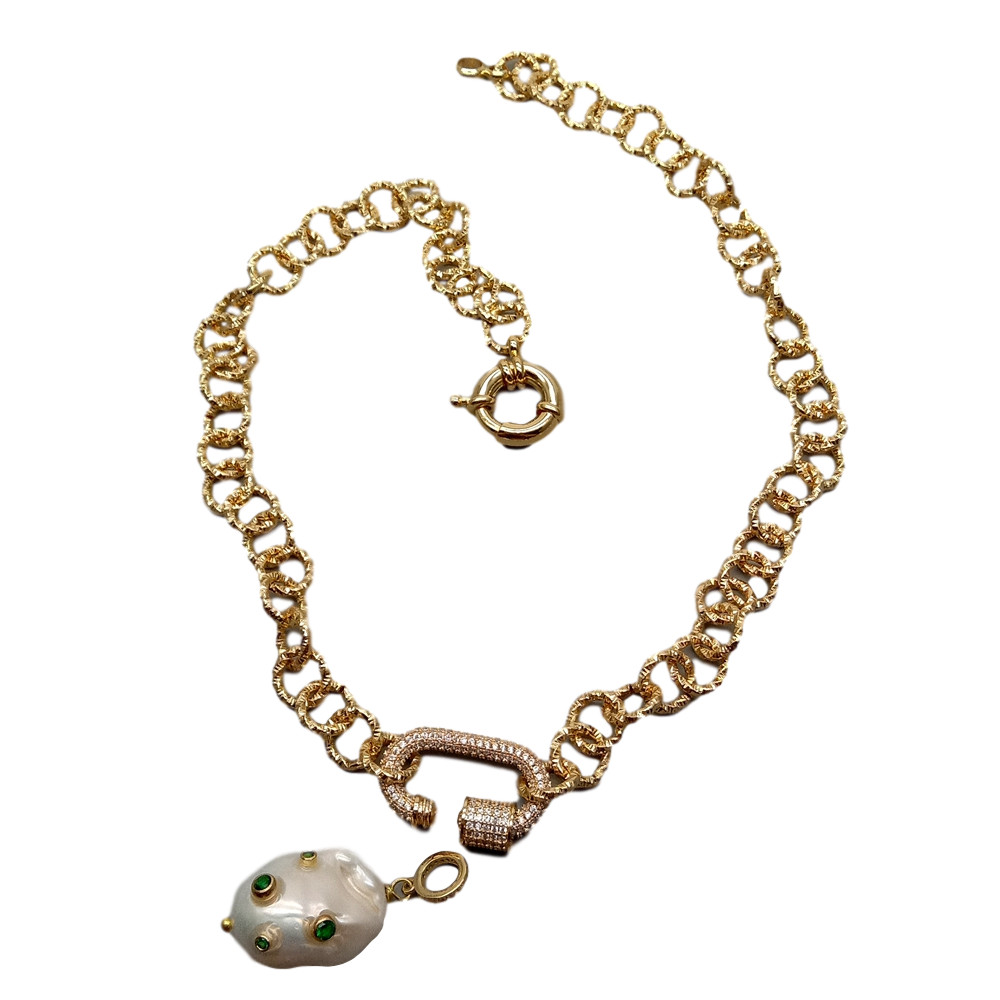 Cultured White Keshi Pearl Green Cz Pave Gold Plated Chain Necklace 18″