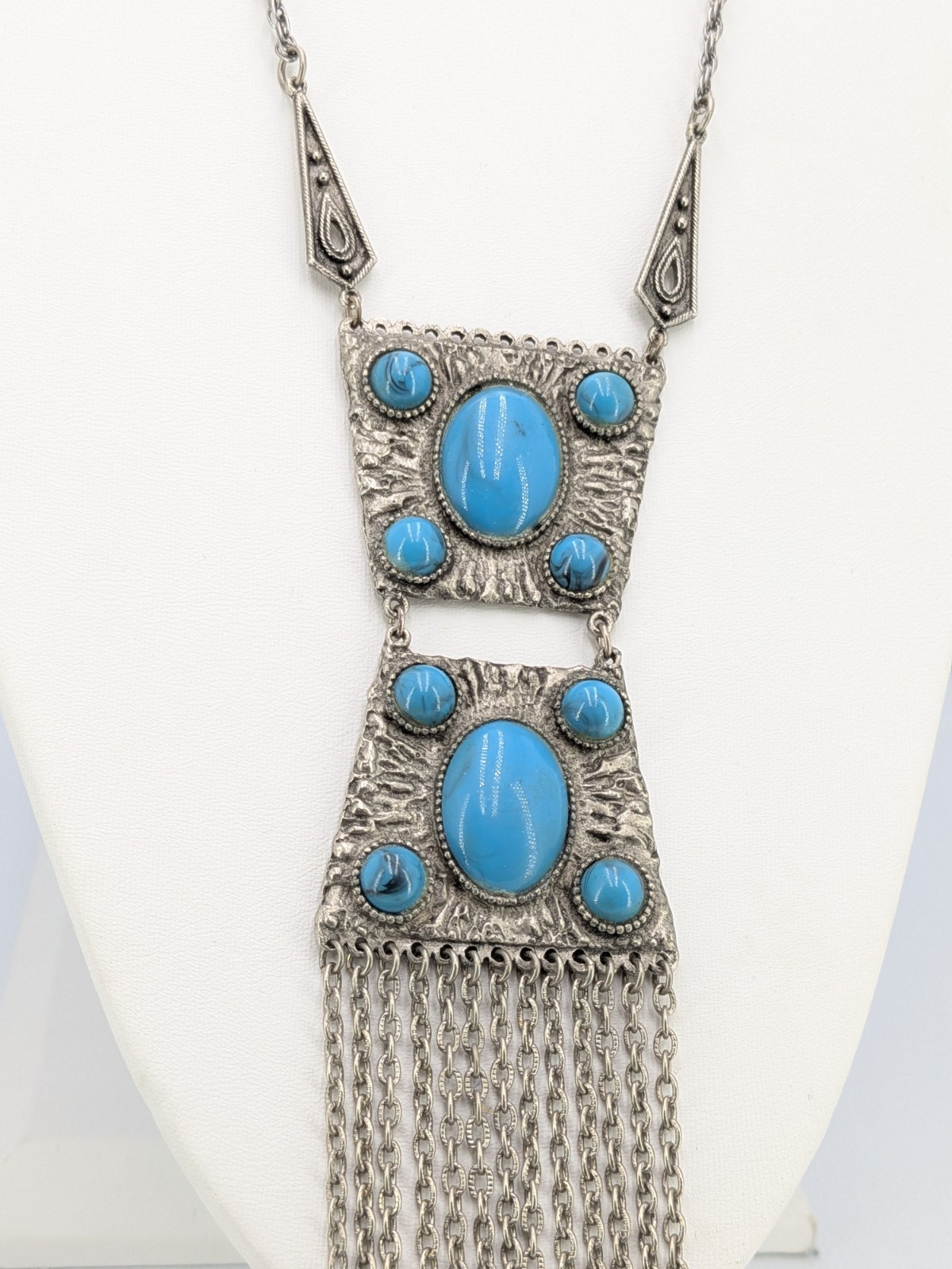 Vintage Fringe Pendant Necklace Faux Turquoise Silver Tone SW Boho 29in Tribal