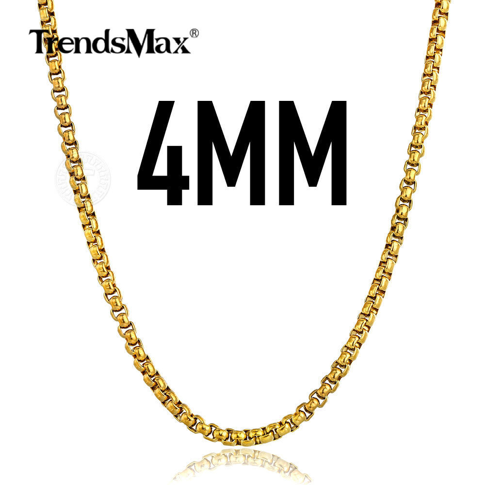 4mm Mens Womens Chain Gold Plated Stainless Steel Round Box Link Necklace 18-28″