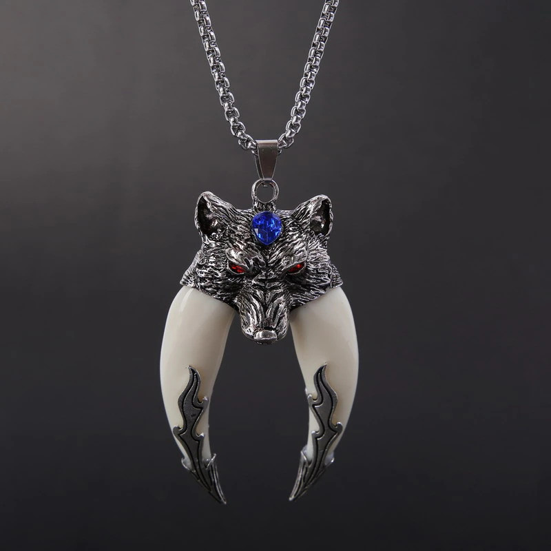 Men’s Fashion Jewelry Silver Wolf Tooth Ivory Pendant Necklace 455