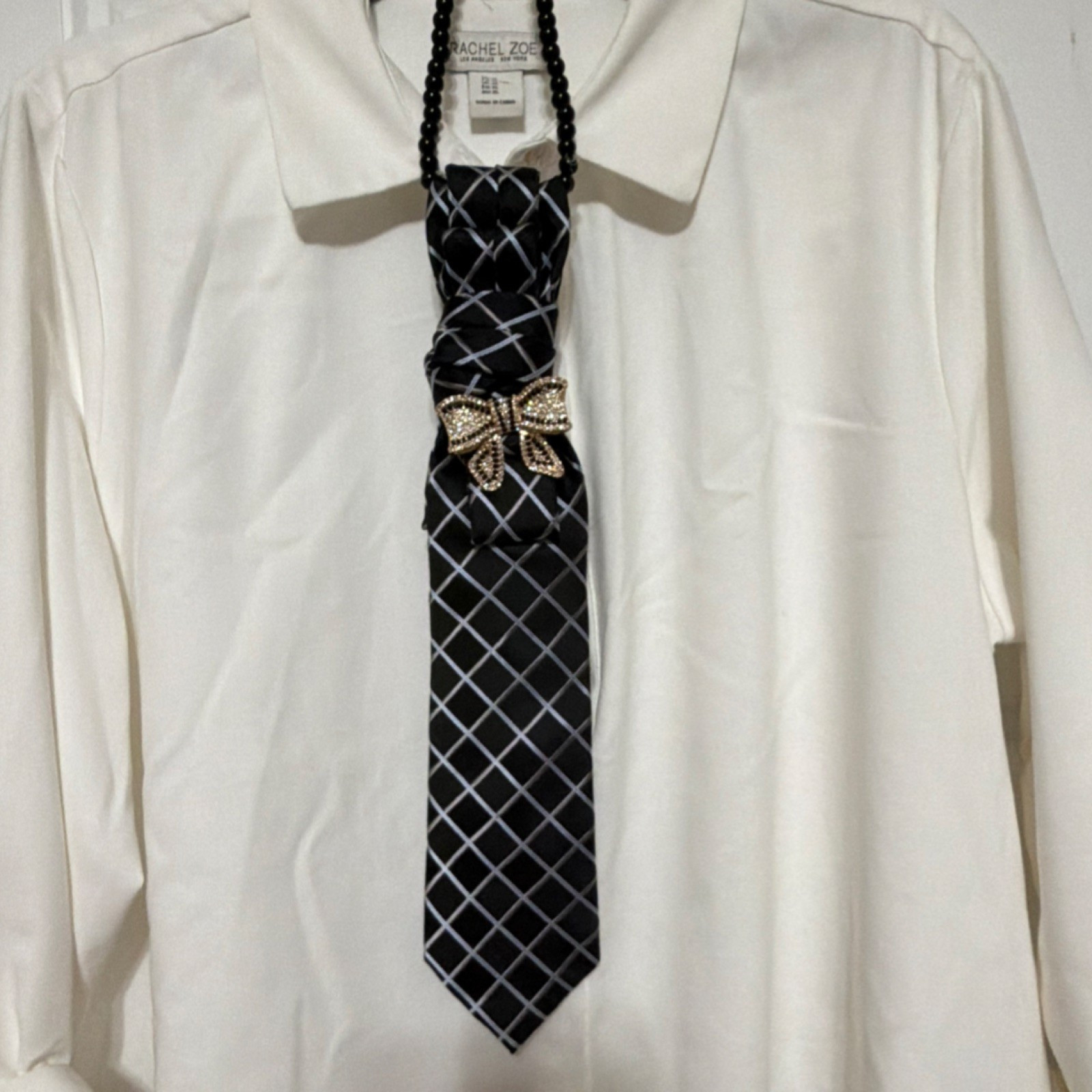 Women’s Jewerly Tie Black White Checkered Designer Style with Bow Accent