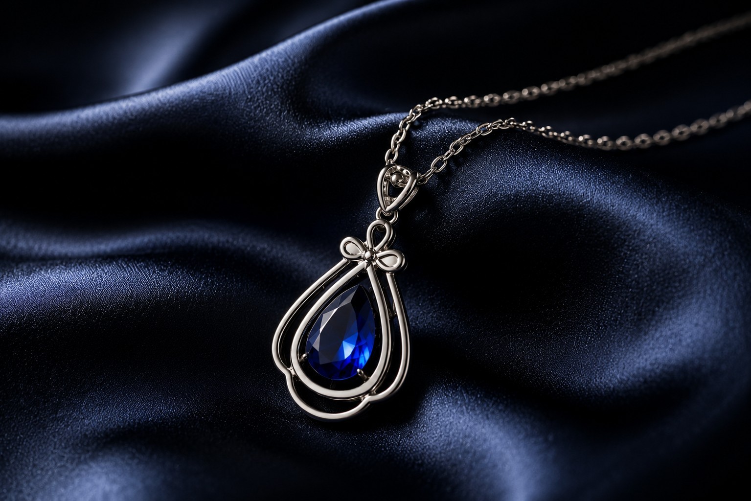 Silver Tone Blue Teardrop Pendant Necklace 18″ Chain Elegant Fashion Jewelry