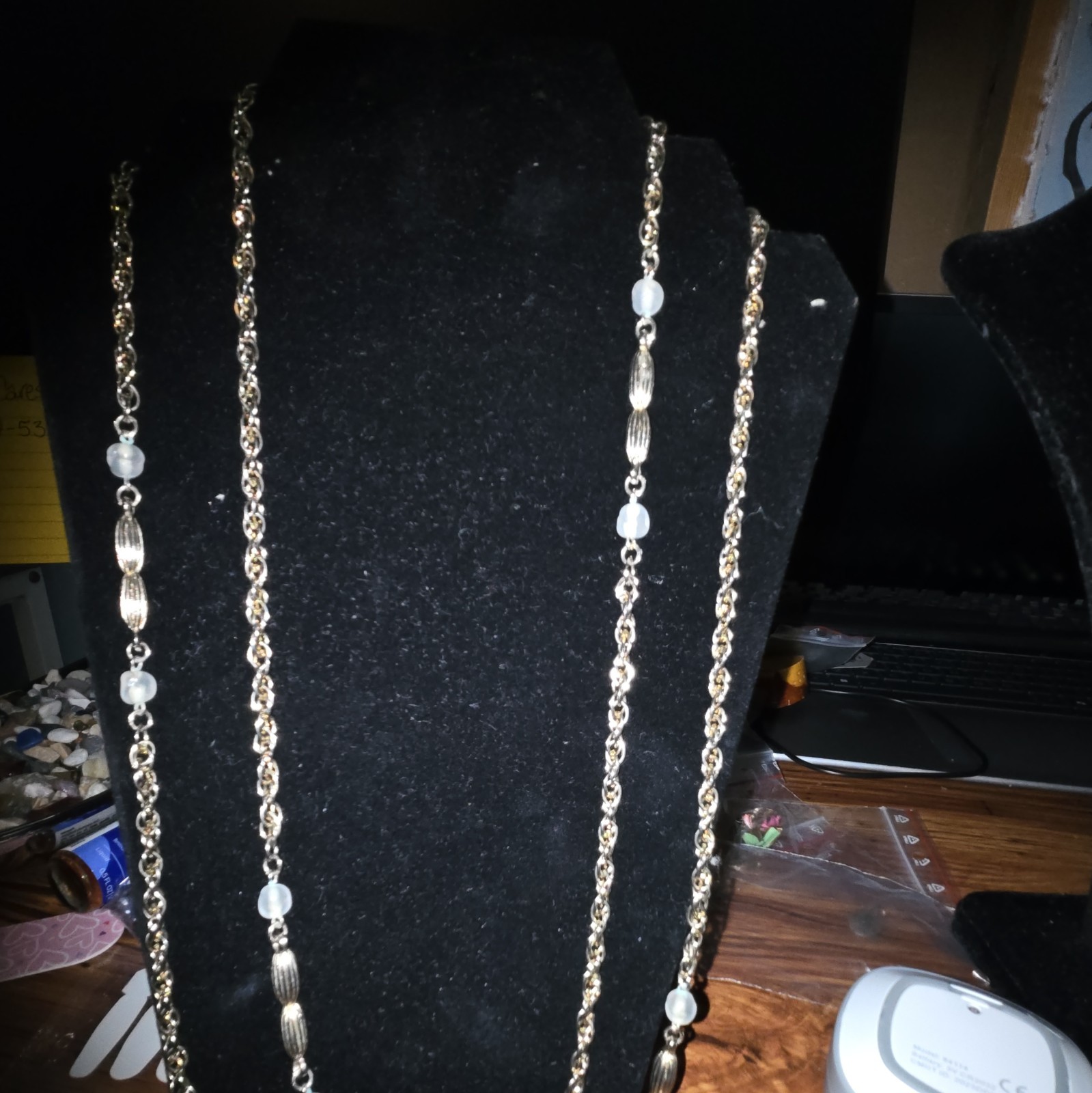 Pale Goldtone Rope Chain Station Necklace White Round Glass Beads 56 Total In.