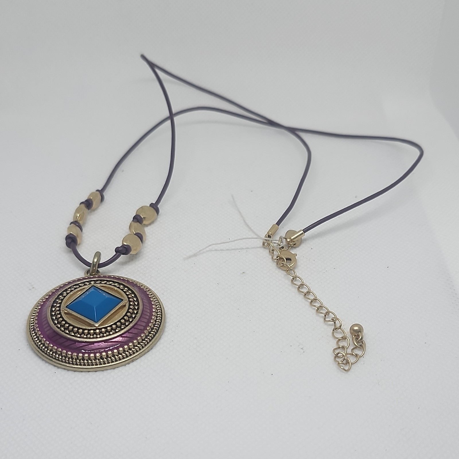 Lia Sophia Purple Cord Beaded Necklace Round Pendant Blue Square Stone Signed