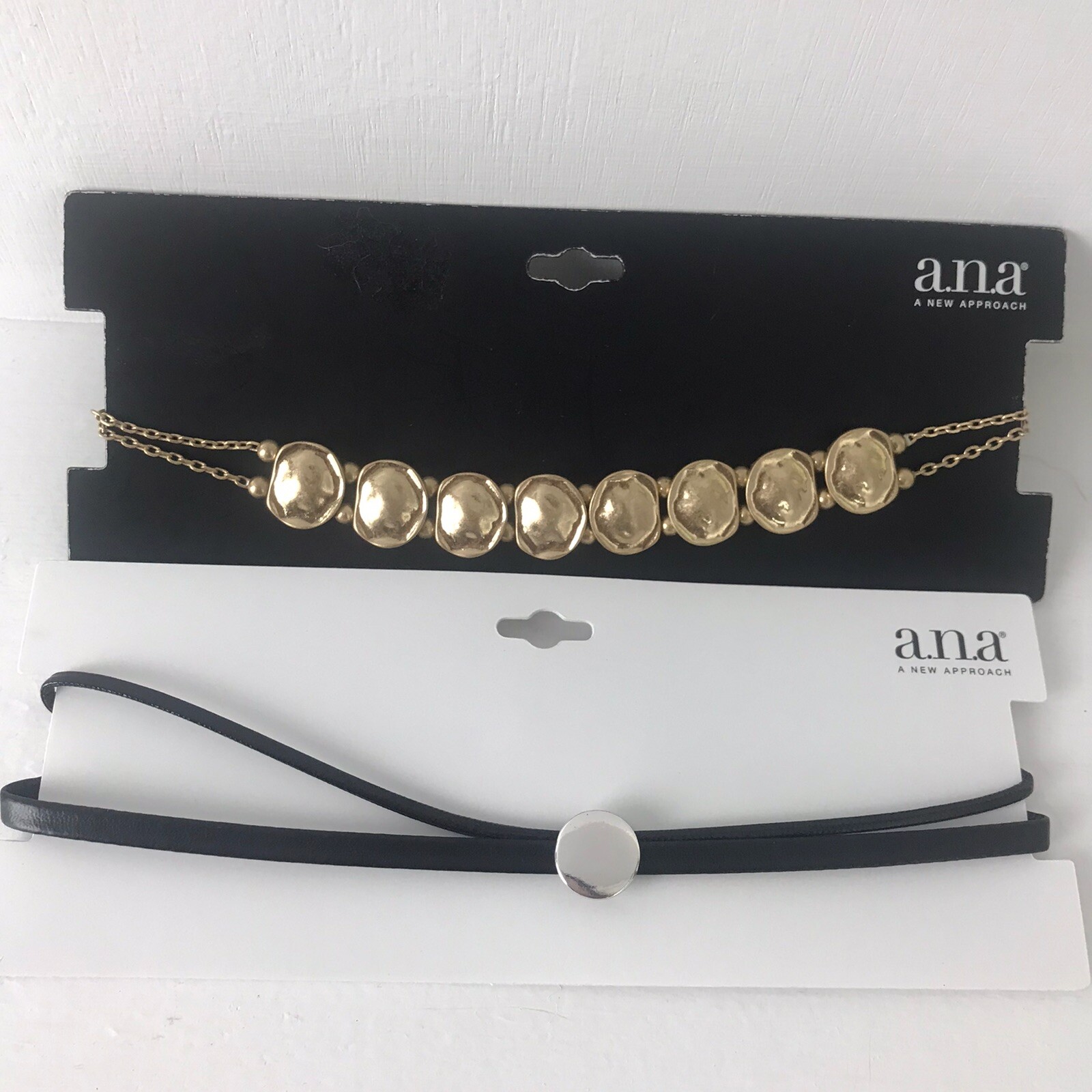 a.n.a new approach Set Of 2 Chokers Gold Tone Dime Style. Black Cord Style