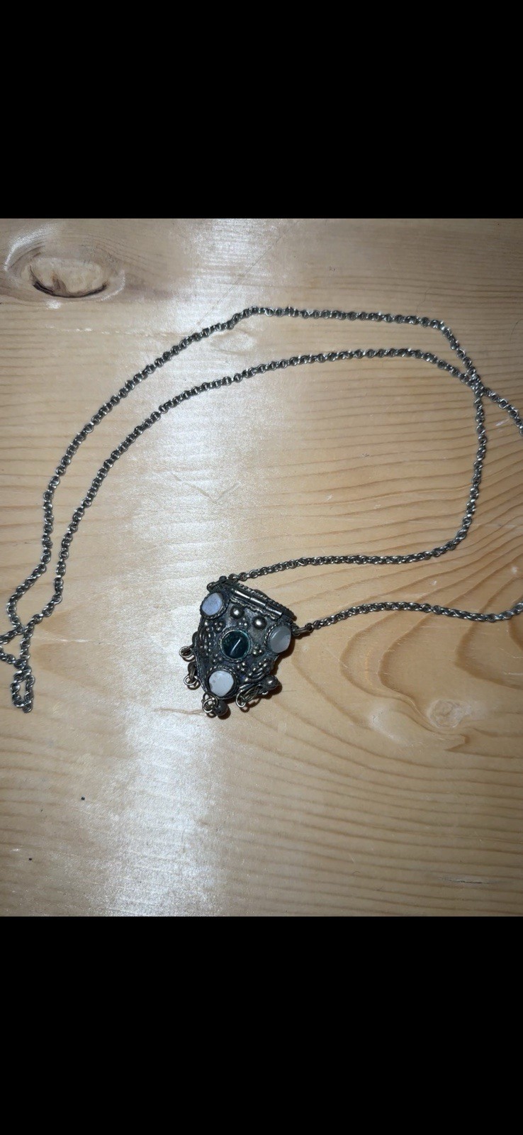 Vintage Silver Tone Gemstone Trinket Box Pendant Necklace Boho Tibetan Style