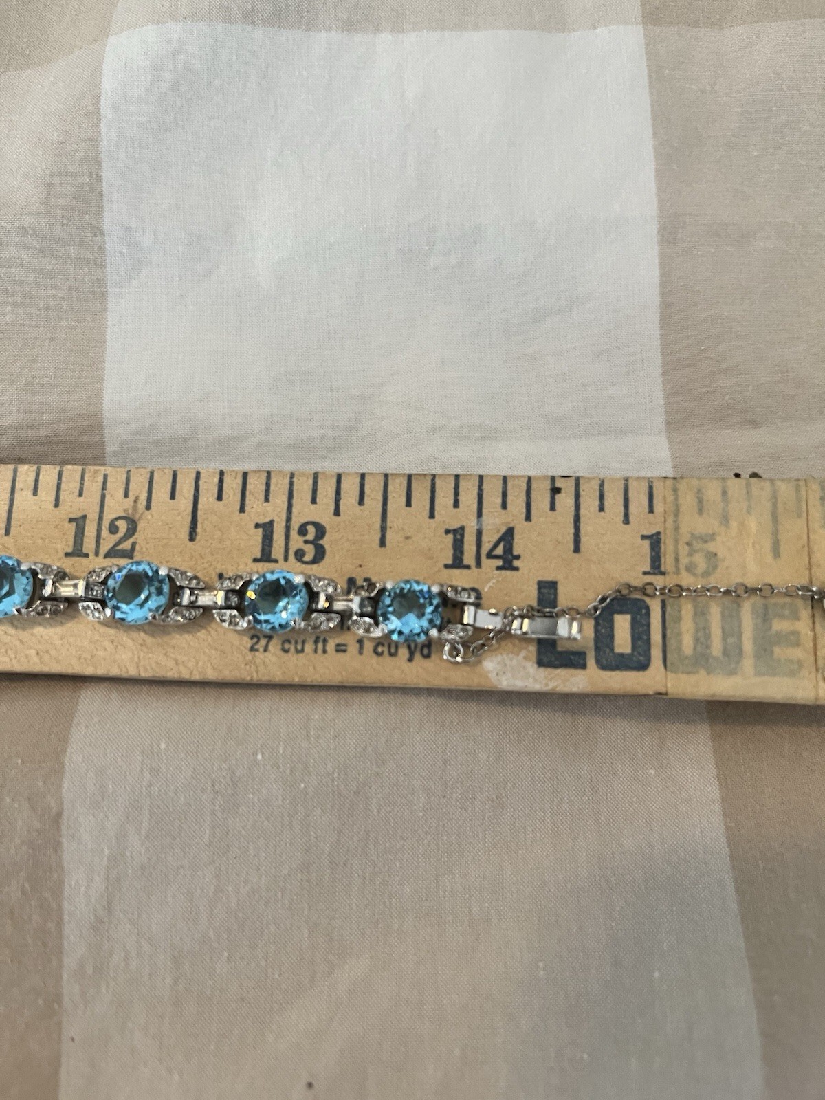 Vintage Blue Topaz & CZ Tennis Necklace Silver Tone Prong Set Box Clasp 14in.