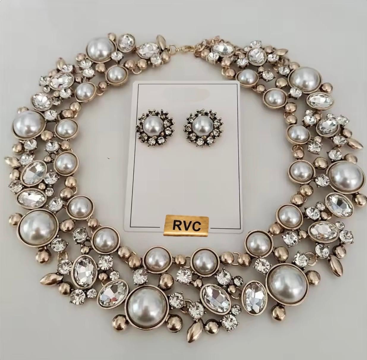 Vintage Style Faux Pearl Crystal Statement Bib Necklace & Earrings Set Women