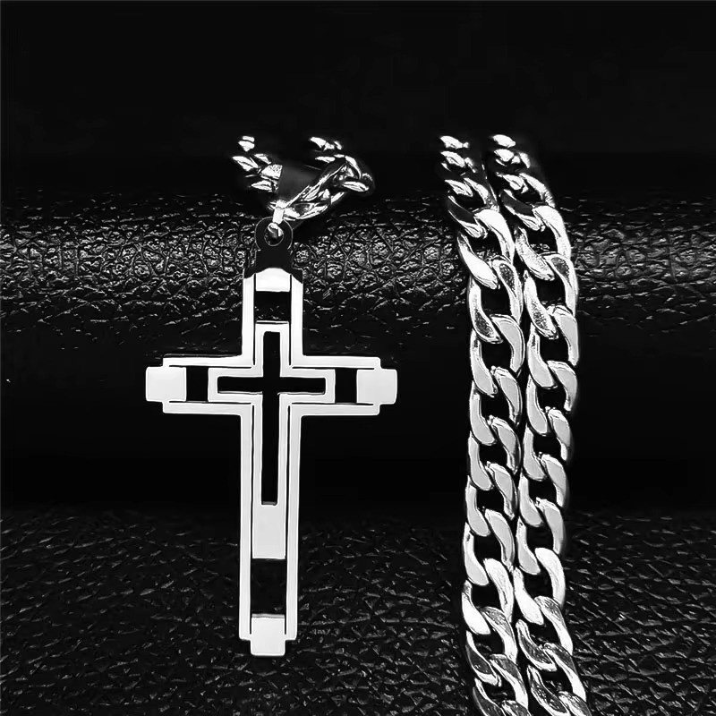 60cm Gold Stainless Steel Cross Necklace for Men Mens Chain Pendant Jewelry Gift