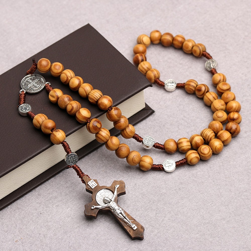10mm Wood Beads Rosary Cross Necklace for Women Men Christian Virgin Mary Inri P