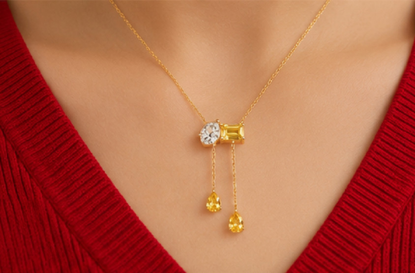 4ct Pear Cut Simulated Yellow Citrine/Diamond Art Necklace 14k Rose Gold Plated