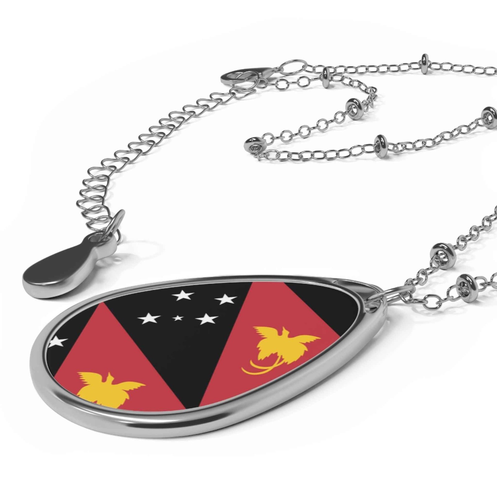 Papua New Guinea Flag Necklace – Oval Heritage Pendant – One Size / Silver