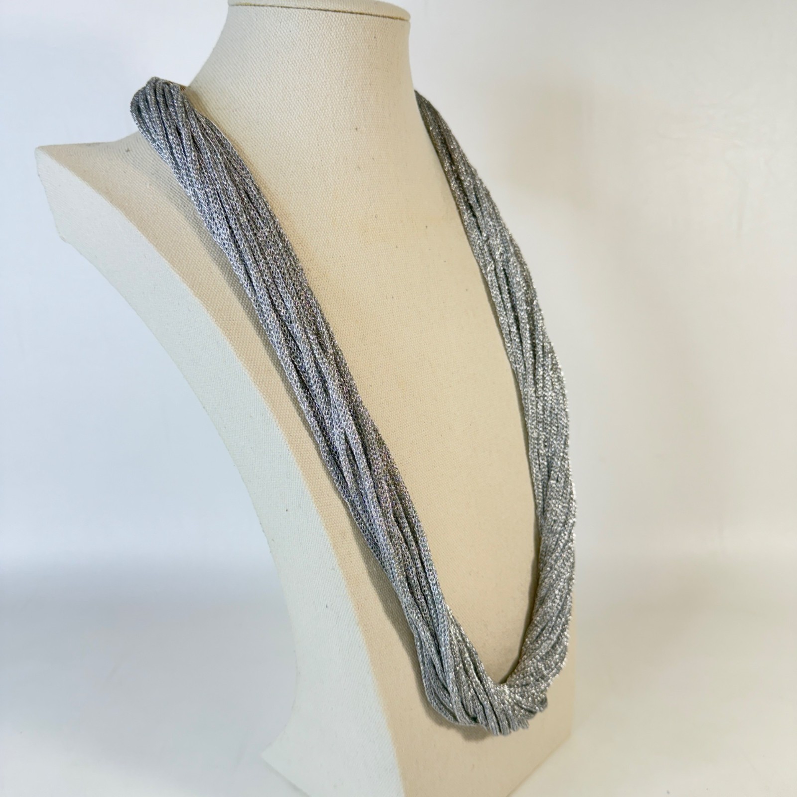 Multi Strand Metallic Cord Twist Necklace Silver Tone Long Length