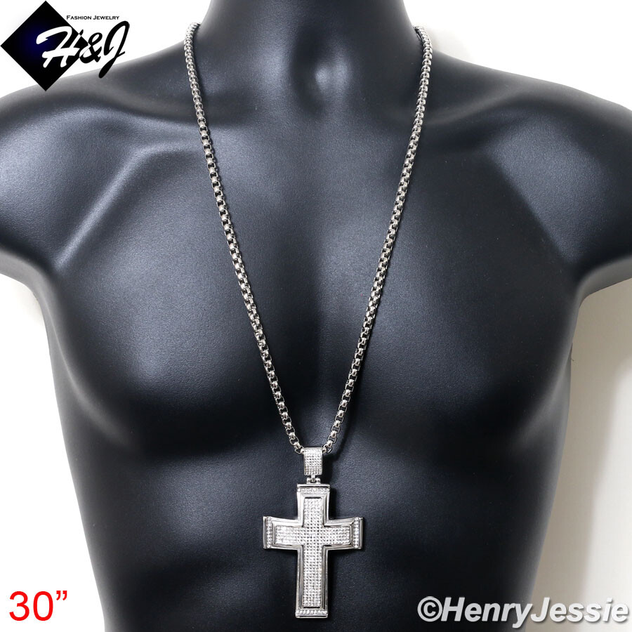 18-40″MEN Stainless Steel 5mm Silver Box Link Chain BIG ICY CZ Cross Pendant*I20