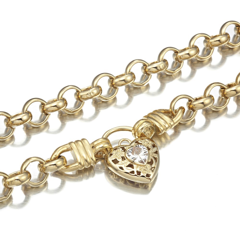 18KGL Thick Solid Rolo Yellow Gold Necklace Filigree Heart Padlock Crystal Clear