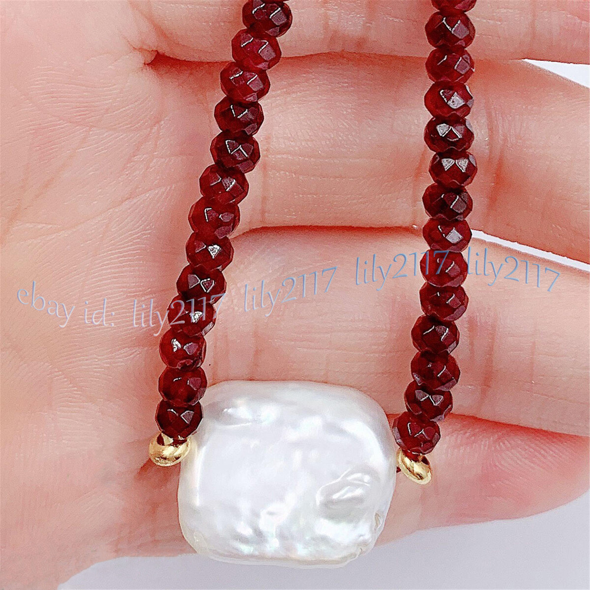 Faceted 2x4mm Red Garnet Natural 15x20mm White Baroque Pearl Pendant Necklace
