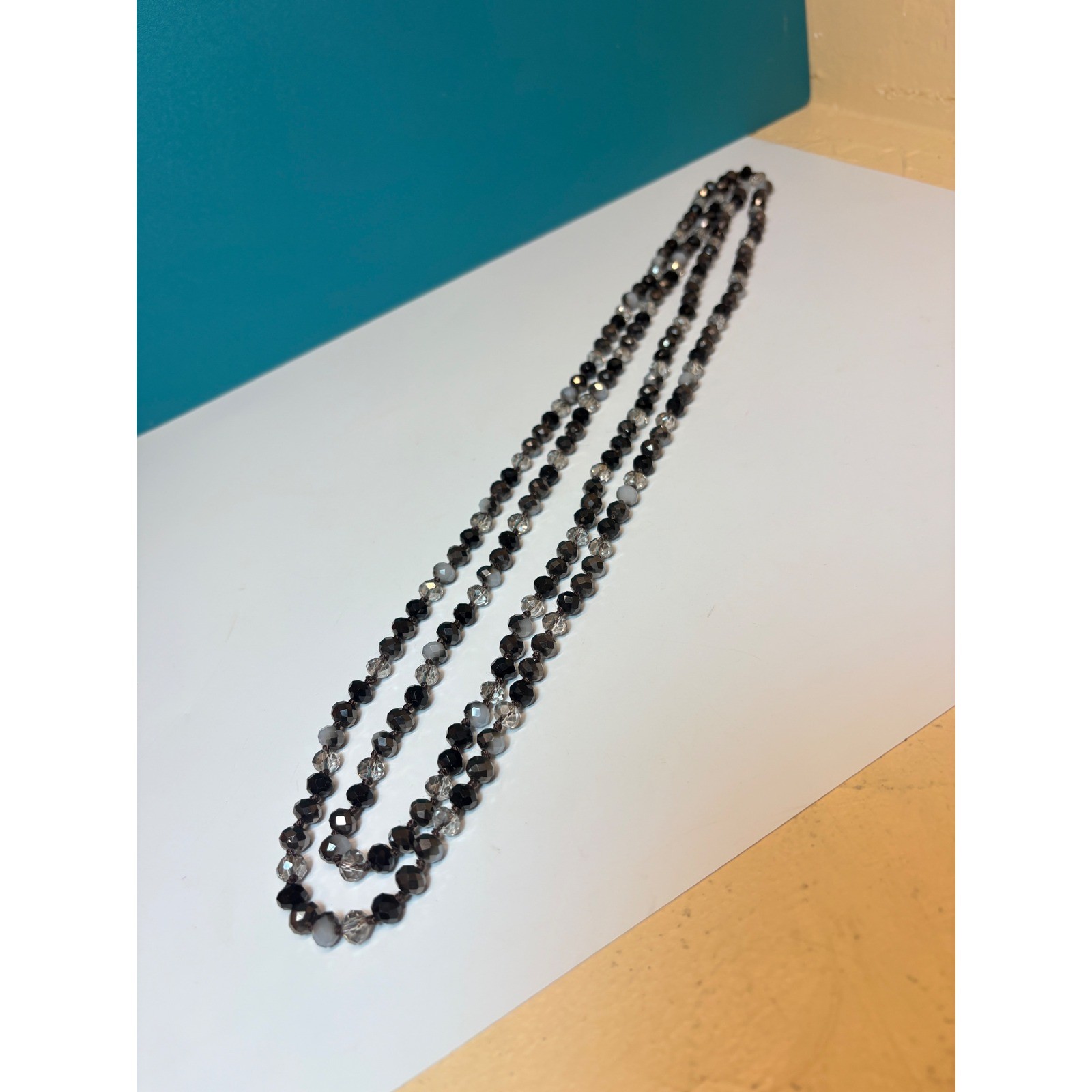 Black Grey Clear Faceted Glass Bead Hand Knotted Opera Length Necklace 60 Inch