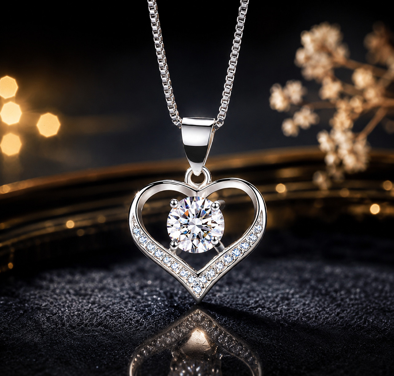 Silver Heart Pendant Necklace w/ CZ Solitaire 18″ Chain Romantic Gift for Women