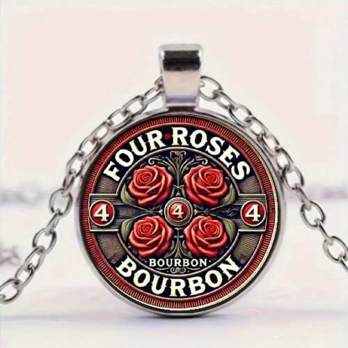 Four Roses Bourbon Whiskey Round Glass Pendant Necklace