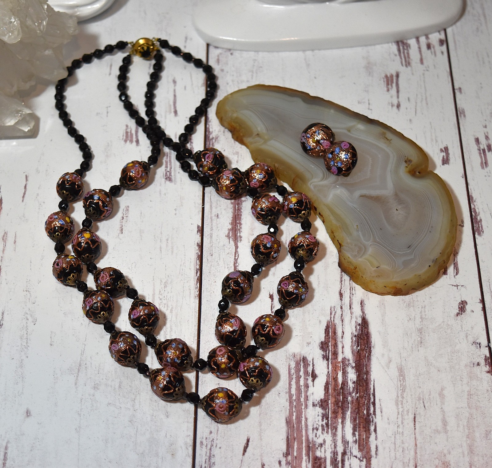 Vtg 2 Strand Venetian Murano Black Wedding Cake Glass Beaded Necklace Earrings