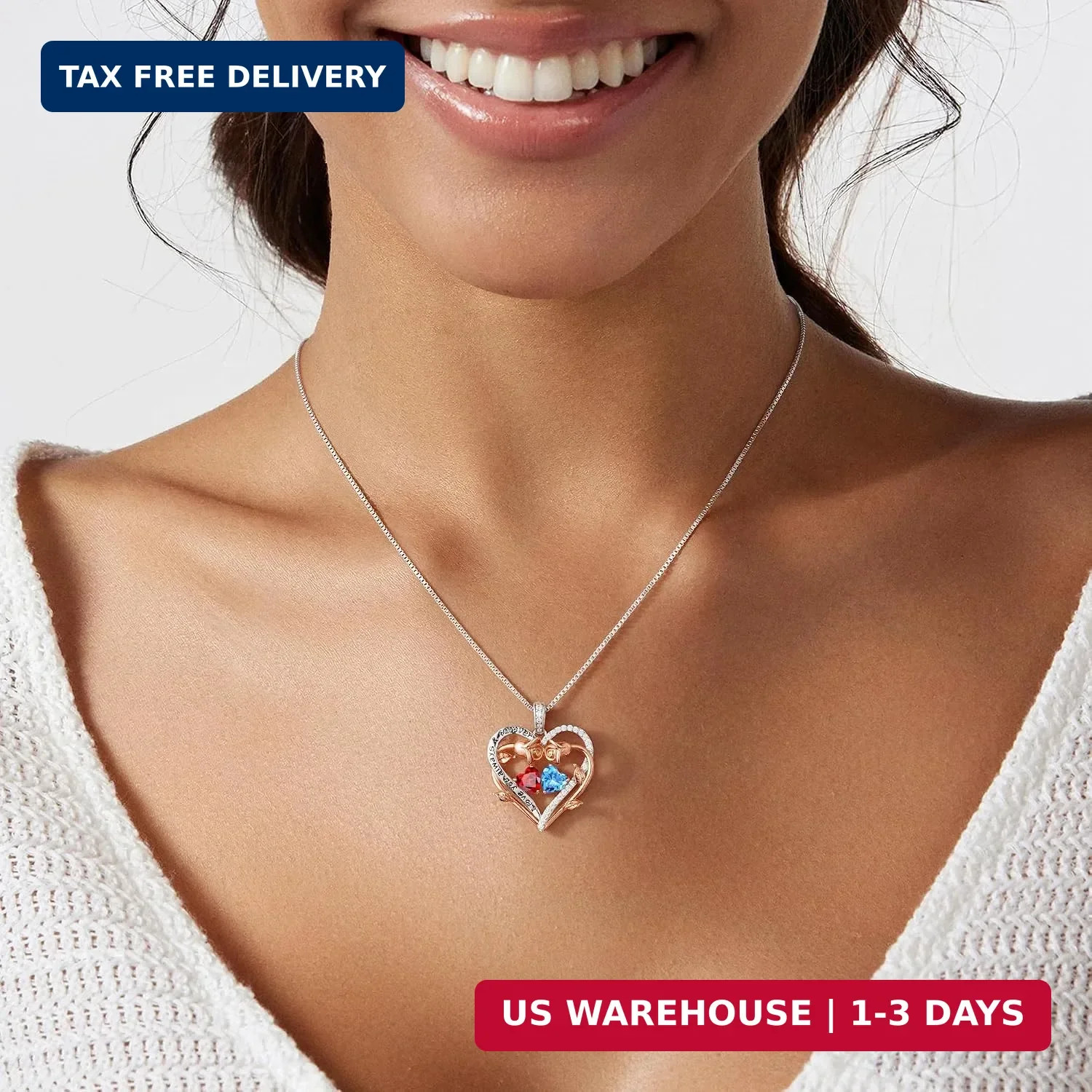 Iefil Rose Heart Double Birthstone Necklace, Gifts for Wife Her Women | 925 Ster