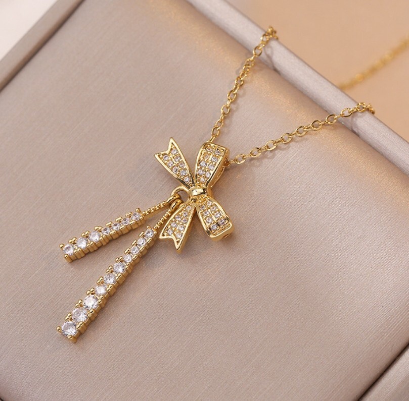 Trends Titanium Gold Flower Bow Knot Tassel Pave CZ Pendant Chain Necklace