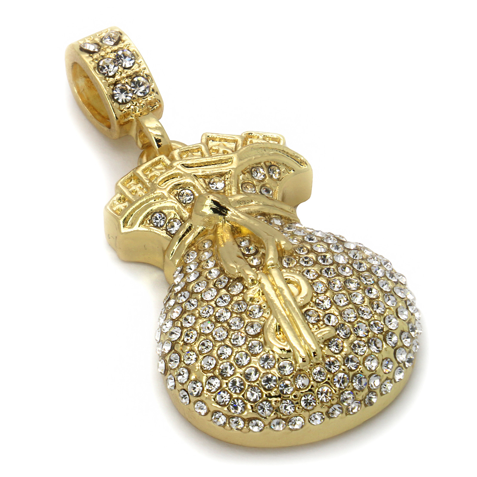 14k Gold Plated Cash Money Bag $ Cubic-Zirconia Hip-Hop Pendant Cuban Chain