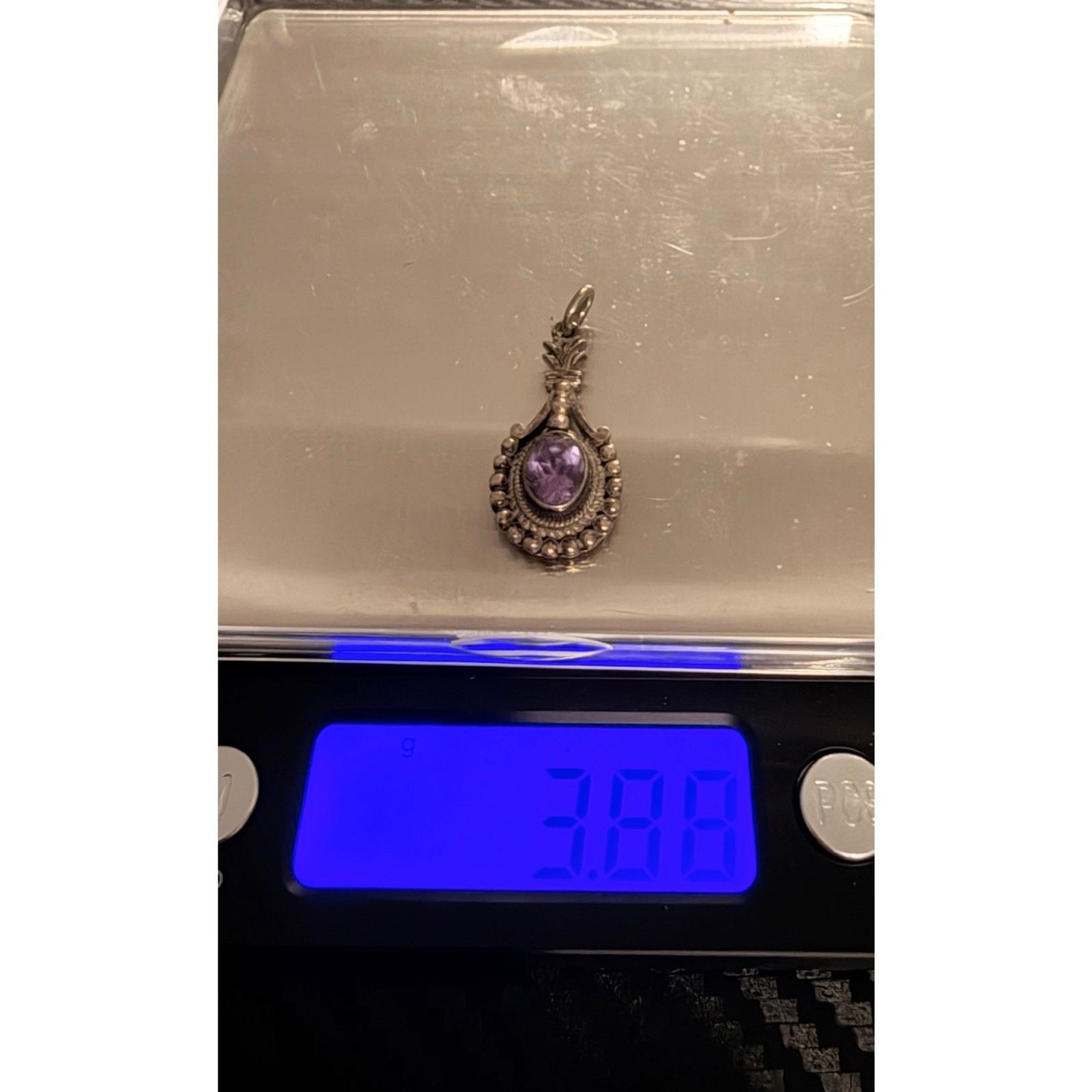 Vintage Sterling Silver with Amethyst Oval Beaded Drop Pendant 3.88g