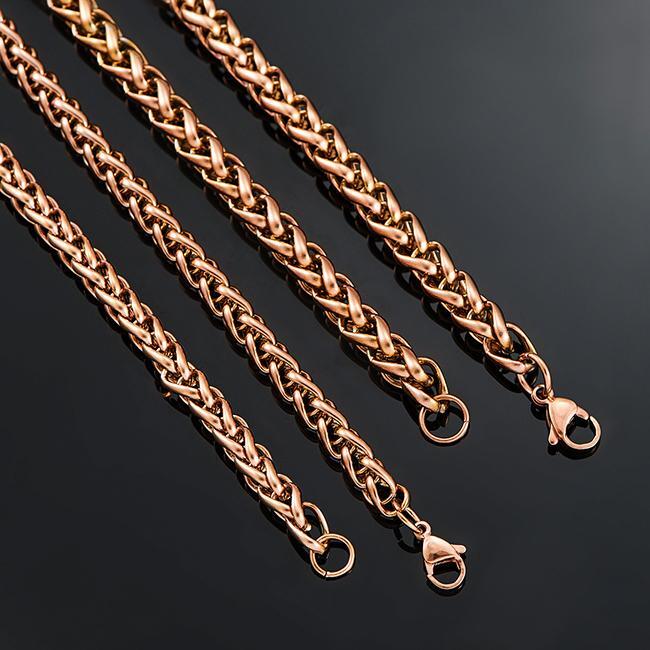 Braided Wheat Link 3-7mm Mens Chain Rose Gold Stainless Steel Necklace Gift