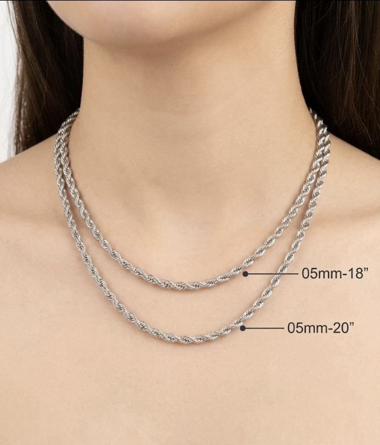 Stainless Steel Rope Chain Necklace 4mm 5mm Silver Tone 18” 20” 22” Waterproof