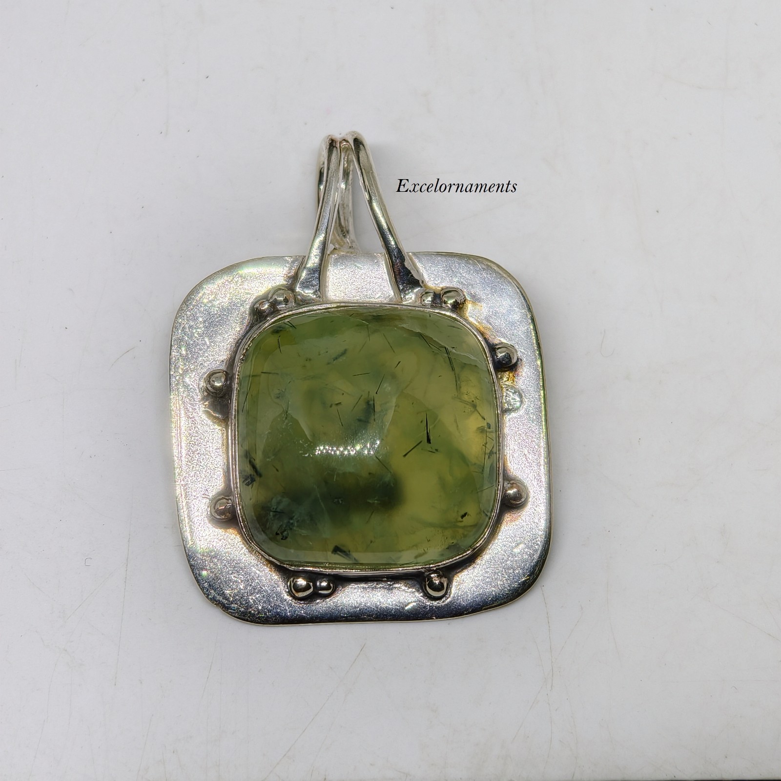 Prehnite Square Gemstone Pendant 925 Sterling Silver Unique Lovely Pendant RK*