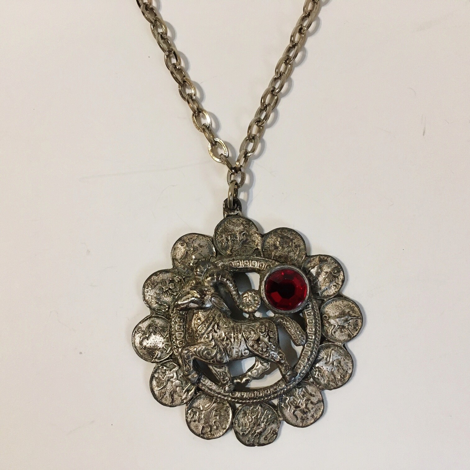 Aries Ram Necklace Pendant 12 Zodiac Signs Red Rhinestone Silvertone Metal Chain