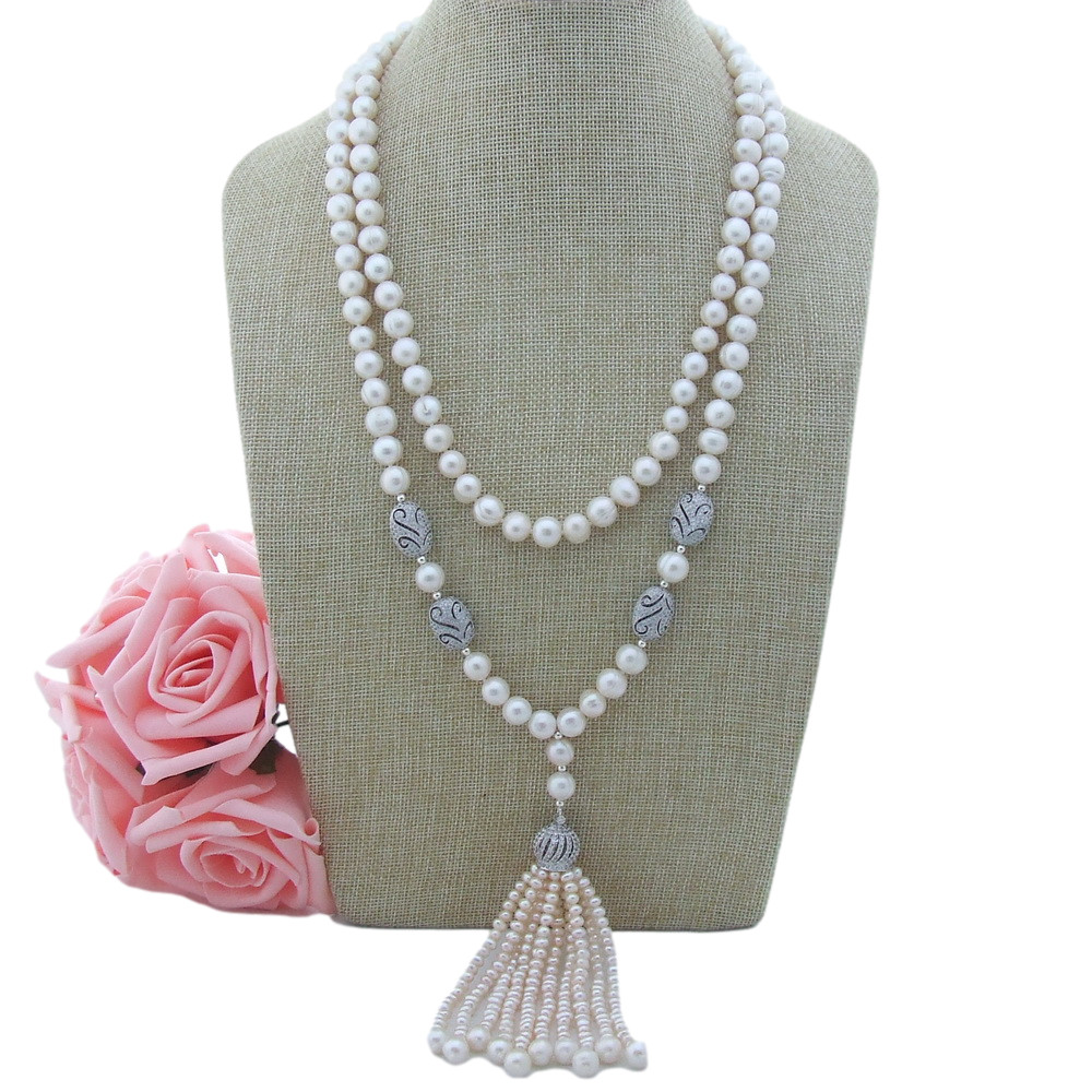 2 Strands Cultured White Pearl Necklace Cubic Zirconia Pave Pendant  22″