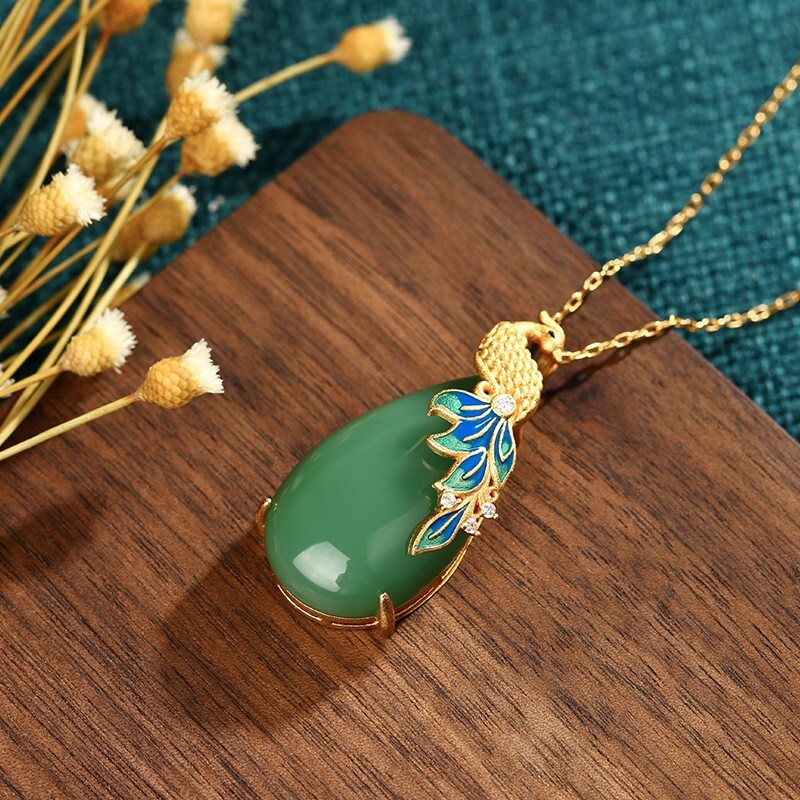 Jade Pendant Necklace Charm 18K Gold Plated Chain Phoenix Bird Dainty Gemstone