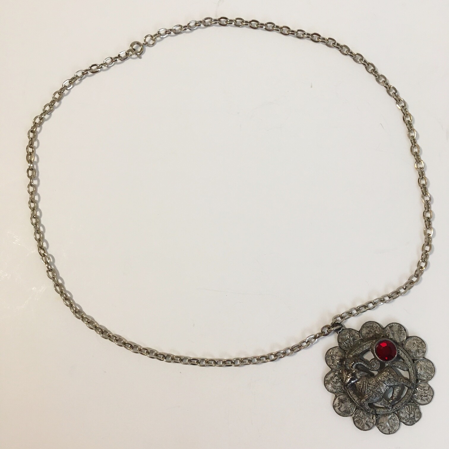 Aries Ram Necklace Pendant 12 Zodiac Signs Red Rhinestone Silvertone Metal Chain