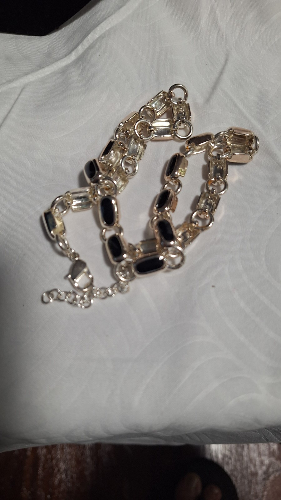 Silver Tone Oval Link Chain Necklace Black Accents Adjustable Lobster Clasp