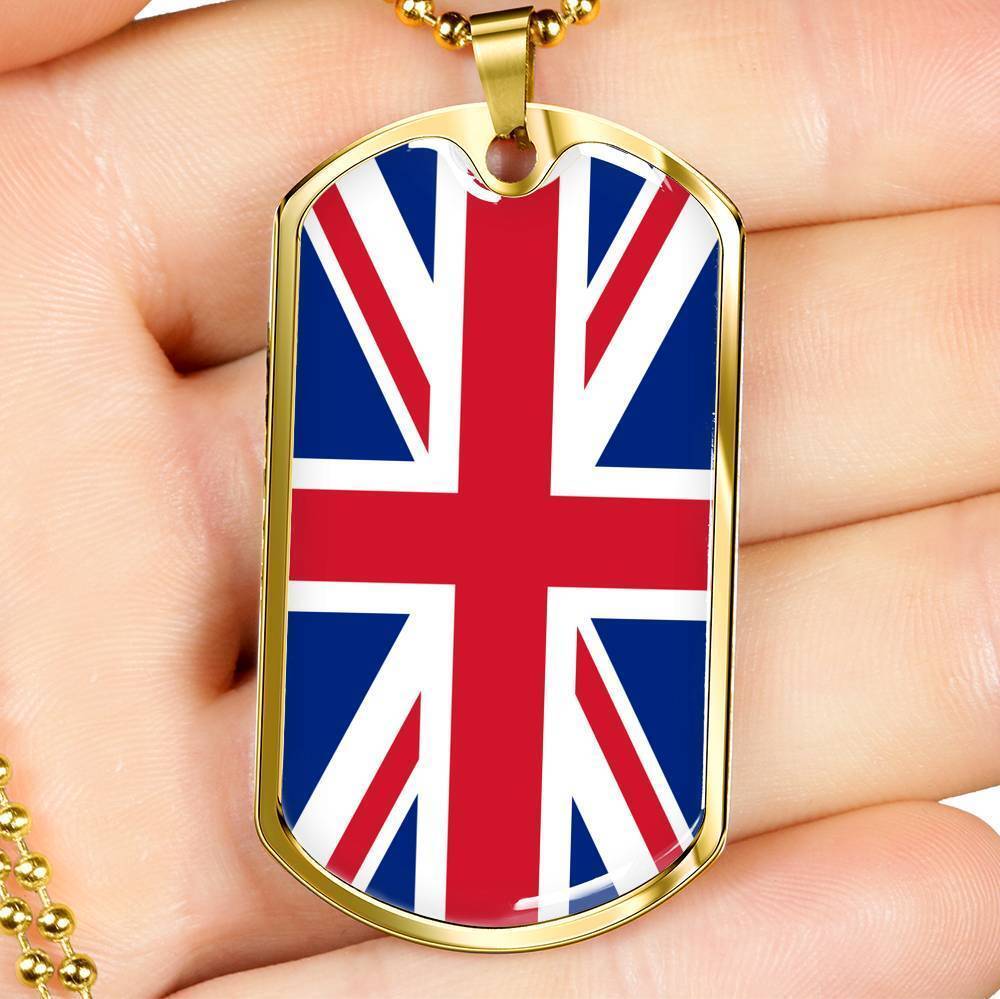 United Kingdom Flag Necklace Stainless Steel or 18k Gold Dog Tag 24″