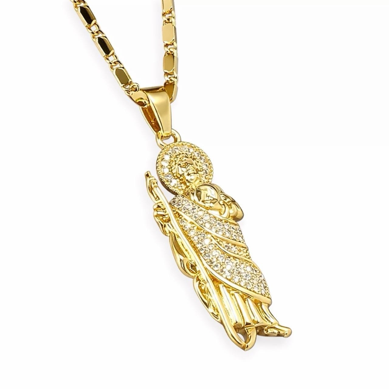 19 inch gold plated chain with 1.7 inch san judas pendant gold plated