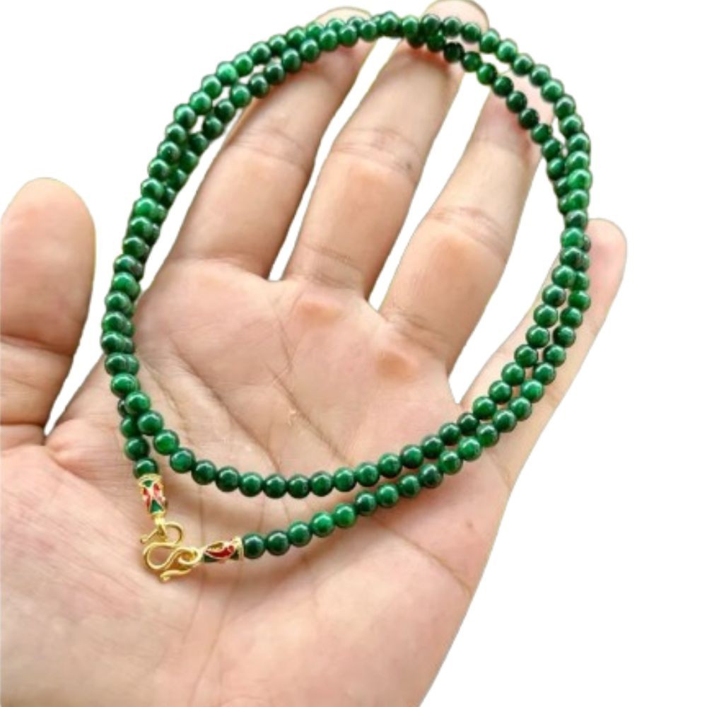 Bead Necklace Green Dyed Chalcedony Gemstone Round 4mm. Beads Gold Clasp 26 Inch
