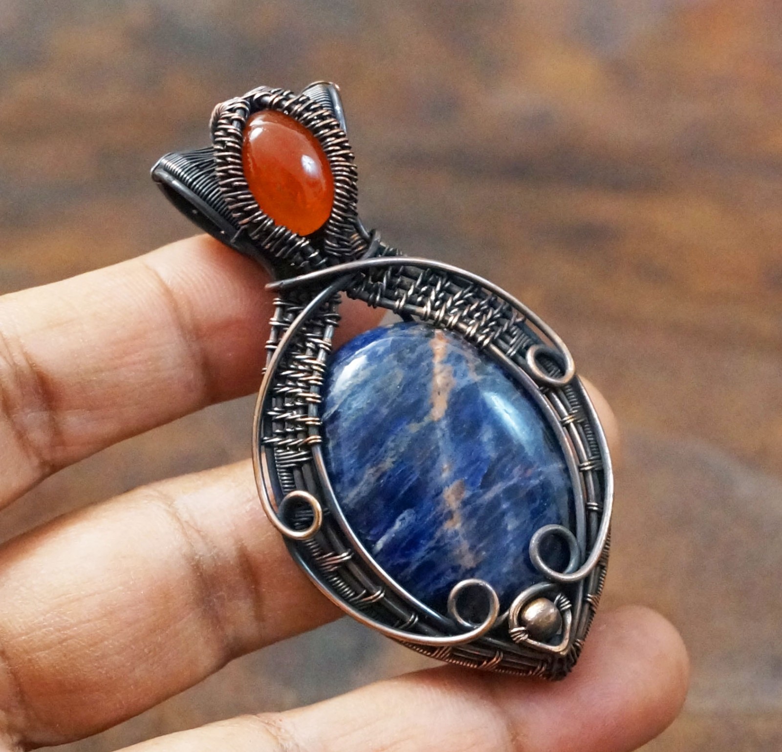 Sodalite Onyx Gemstone Copper Wire Wrapped Pendant Handmade Gift Jewelry (PD-102