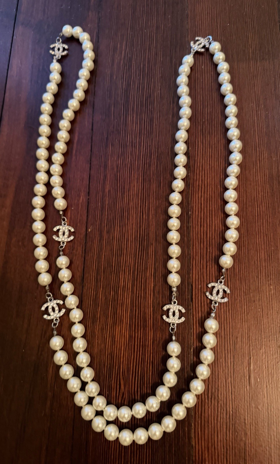 White Faux Pearl Beaded Long Necklace Round Simulated Pearls Logo Stations