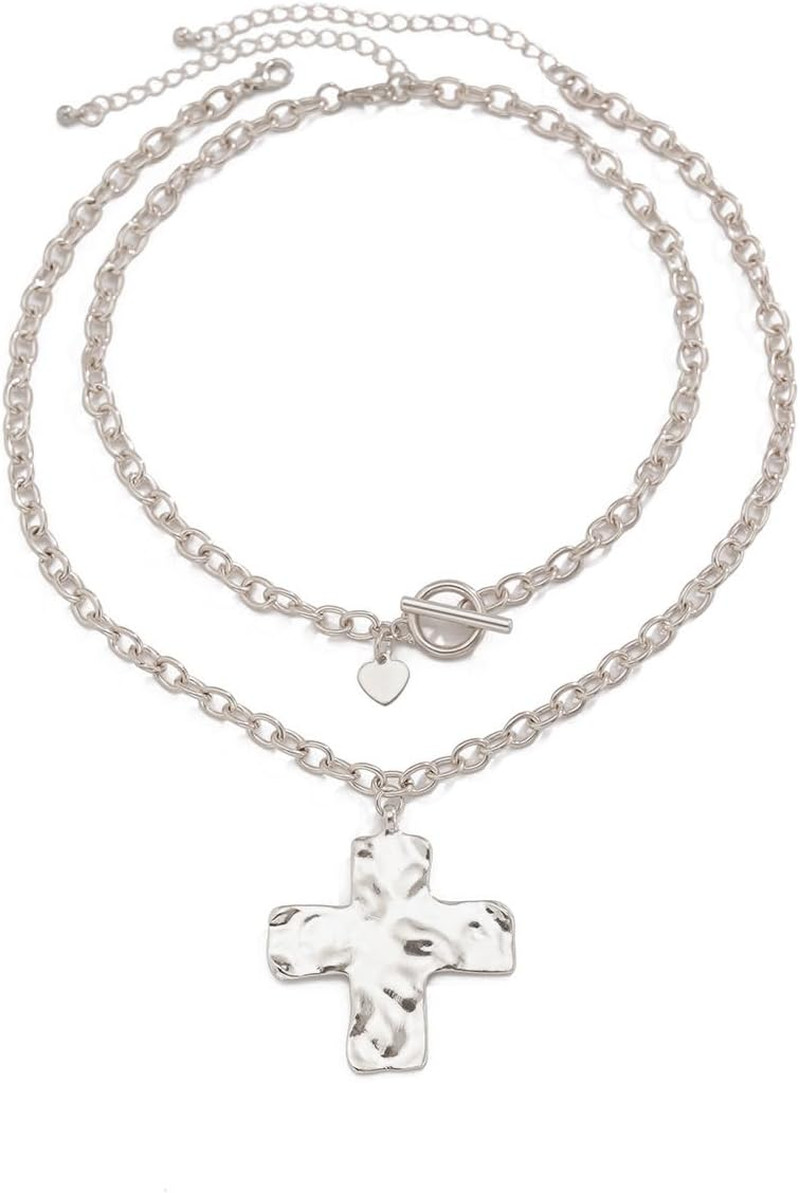 Layered Chunky Cross Necklace for Women，Multilayer Punk Hammered Choker,Trendy H