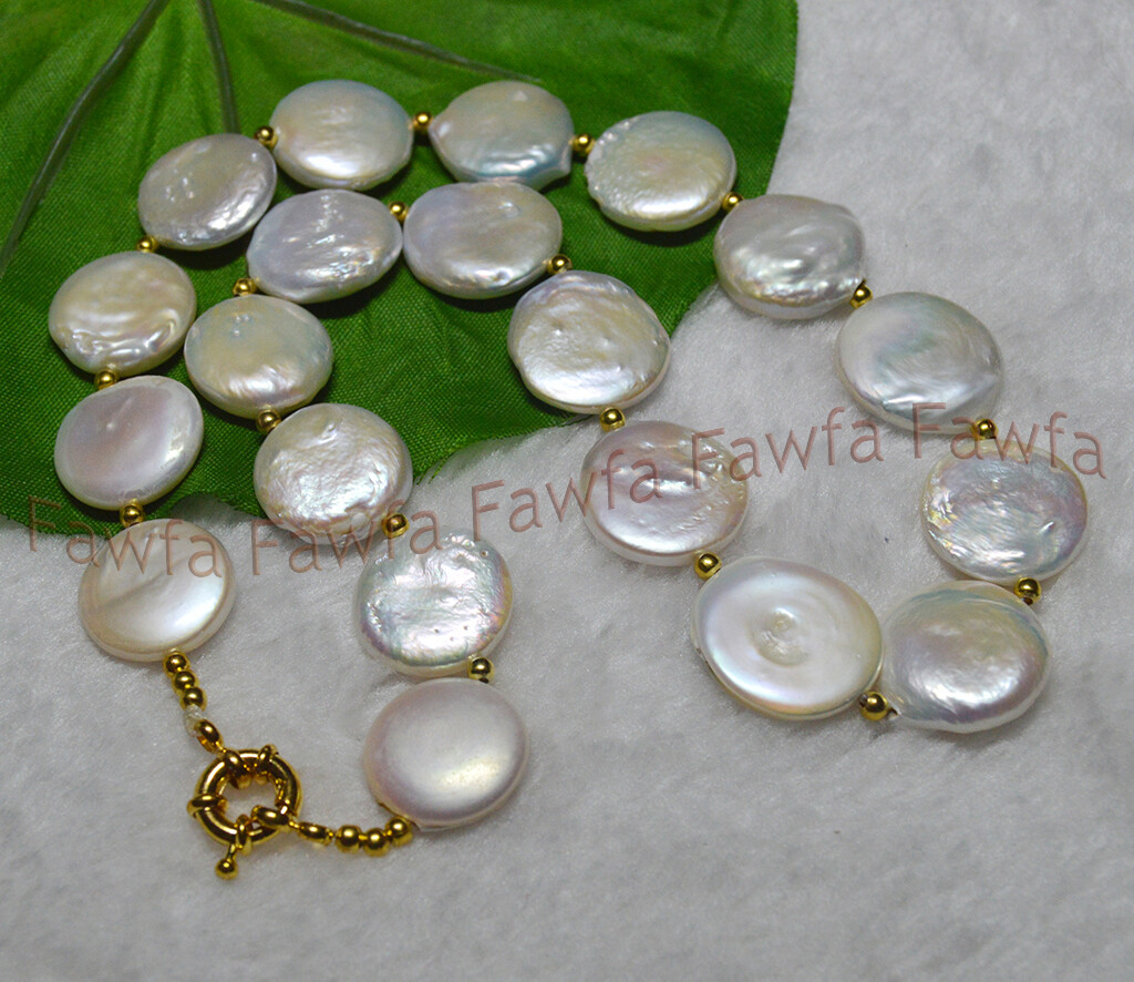 Huge 18-20mm Genuine White Freshwater Cultured Flat Coin Pearl Necklace 18”