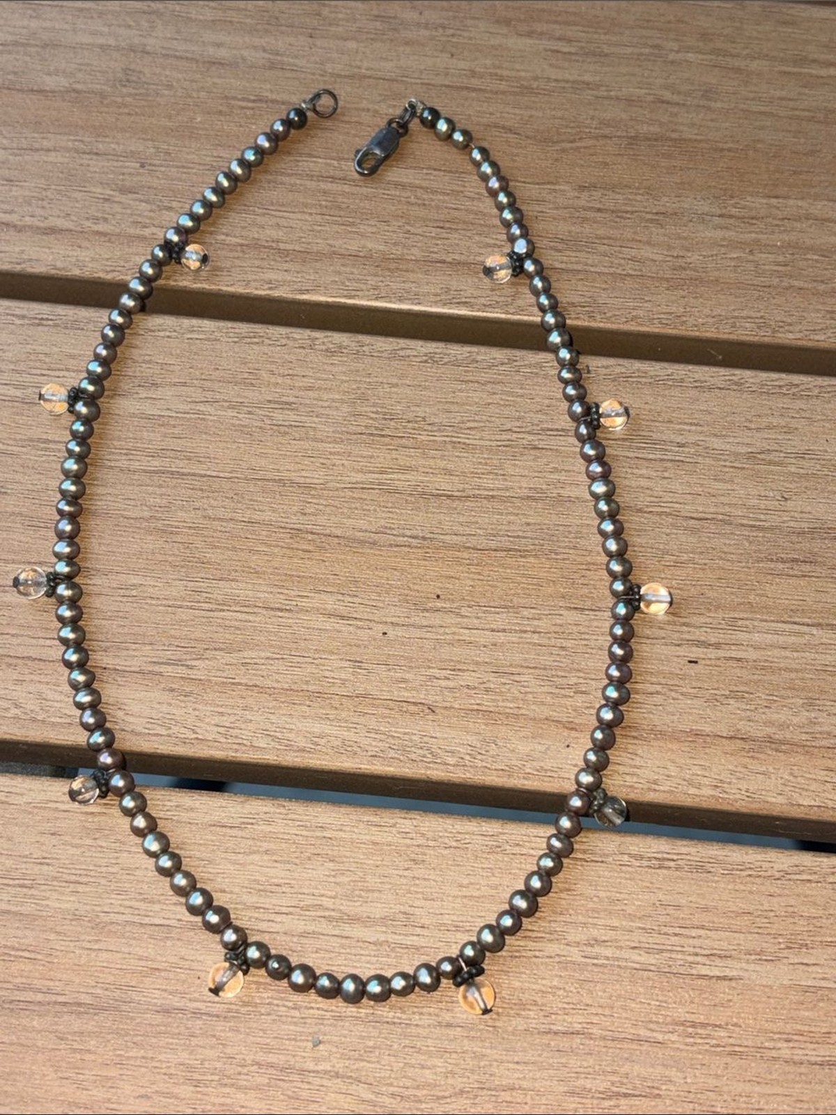 Delicate Gray Pearl Beaded Necklace with Crystal Drops