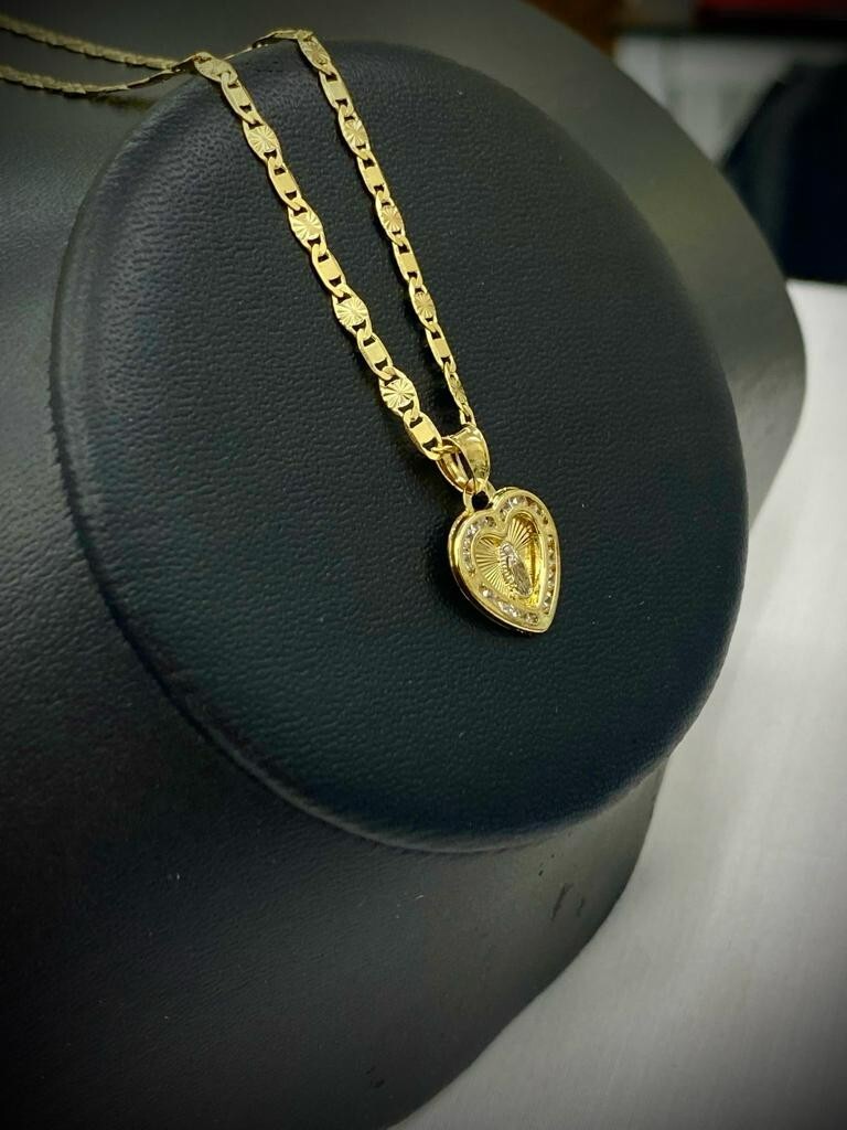 Heart CZ Virgen de Guadalupe Necklace Valentino Chain for Womens Gold F 15x13mm