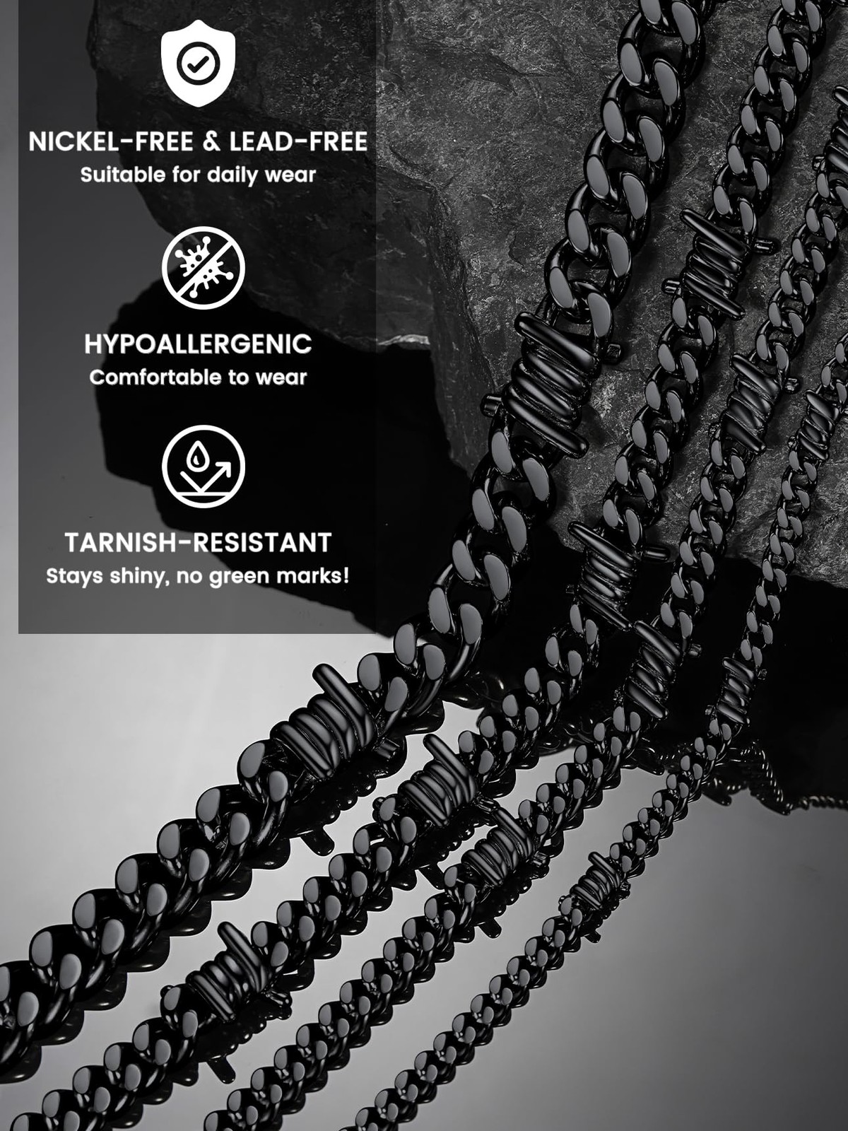 Cool Men Black Barbed Wire Necklace 7mm Thick Heavy Stainless Steel Chain Bla…