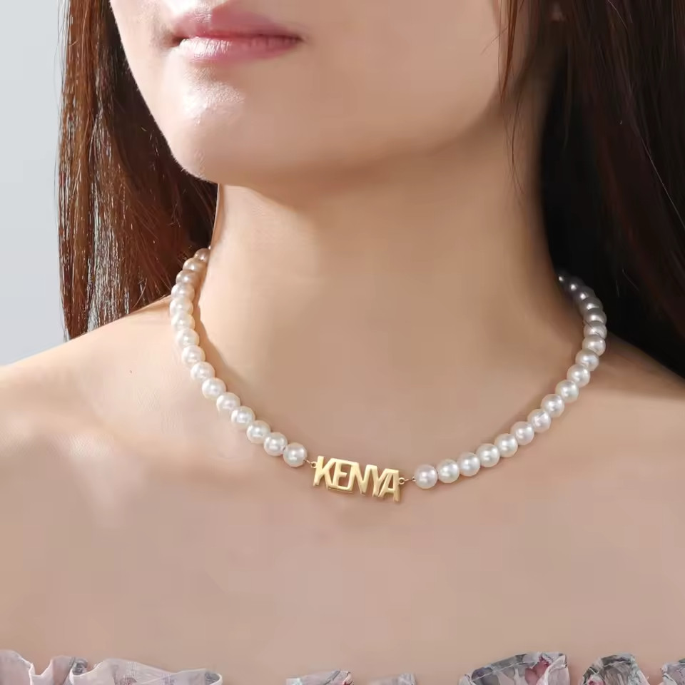 Custom Name Pearl Chain Pendant Necklace Jewelry Stainless Steel Gold Silver